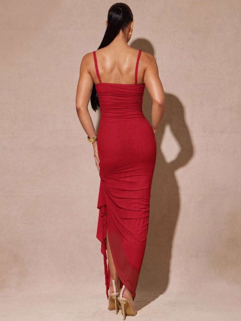 Red Ruched Sheath Dress with Side Ruffle - Picture 7 of 7